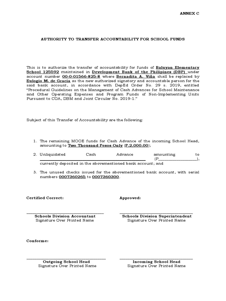 Authority To Transfer Accountability For School Funds | PDF