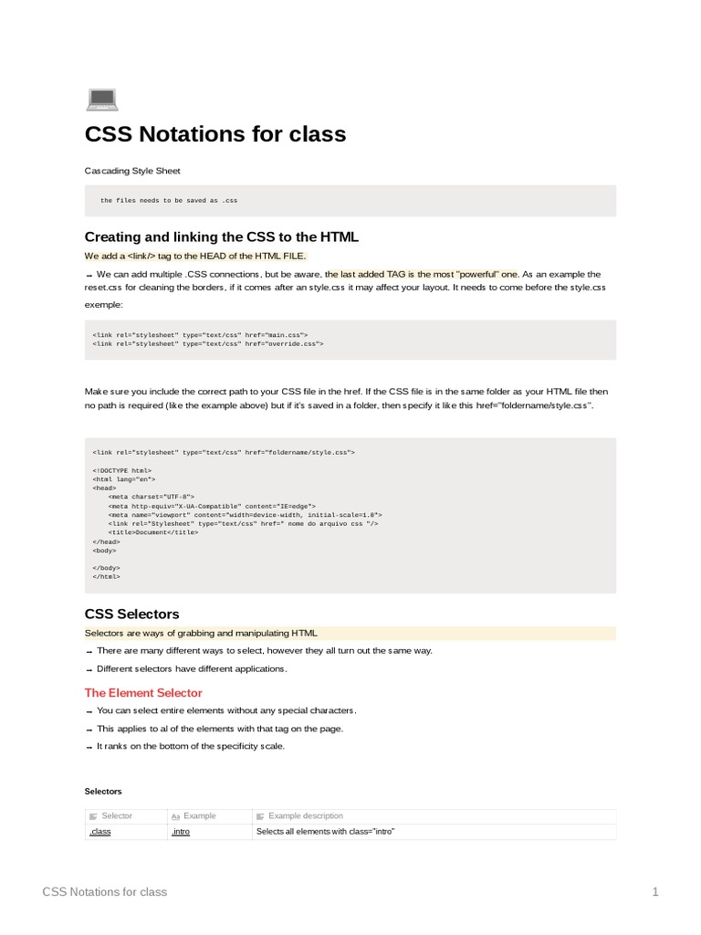 CSS Notations For Class PDF Html World Wide 