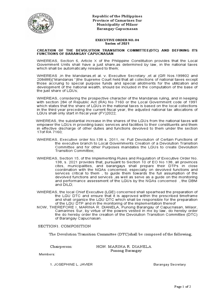 Creation of Devolution Transition Committee | PDF | Executive Order ...