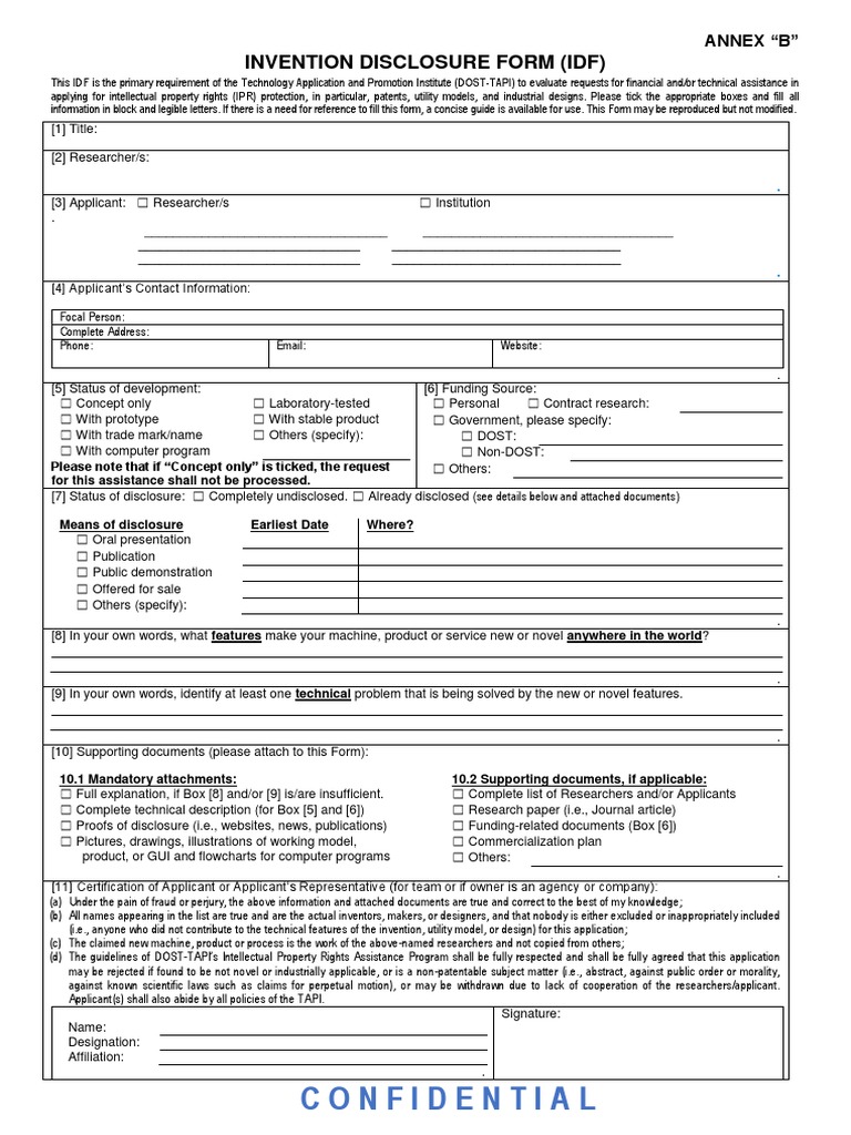 Invention Disclosure Form (IDF) Guide | PDF | Intellectual Property Law ...