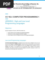 CC 102: Computer Programming 1: LESSON II: High and Low Level Programming Languages