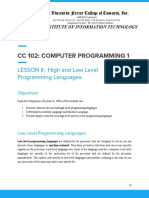 CC 102: Computer Programming 1: LESSON II: High and Low Level Programming Languages