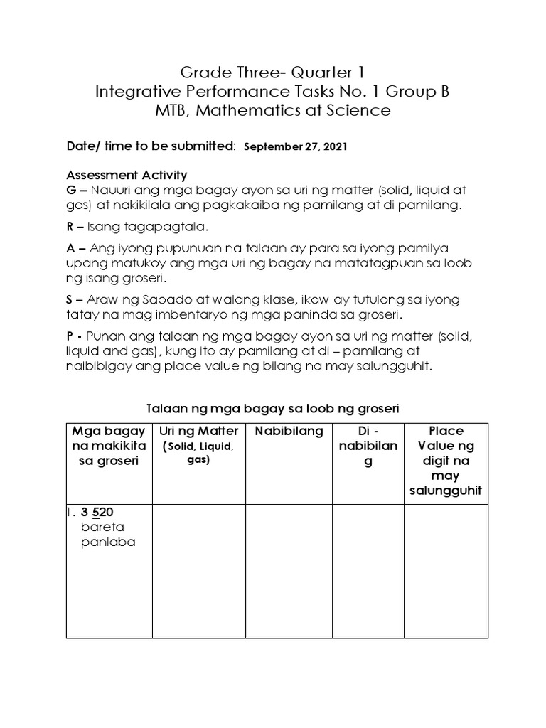 Grade 3 Quarter 1 No. 1 Performance Task Group B MTB Math at Science | PDF