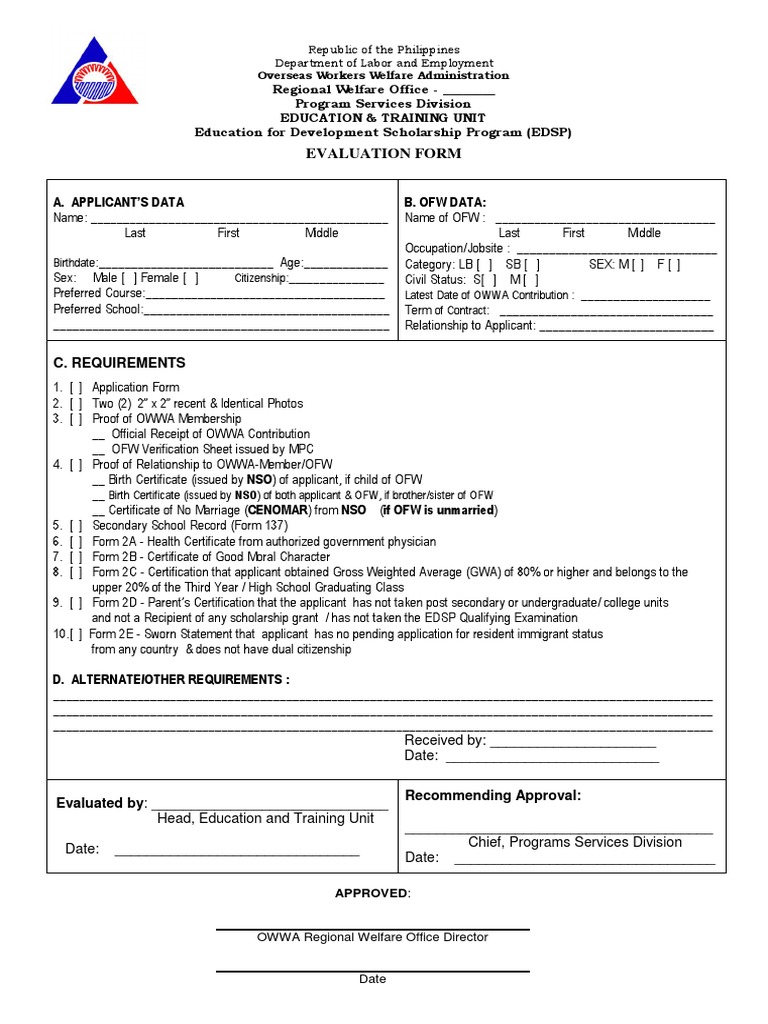 EDSP Application & Evaluation Form | PDF | Birth Certificate