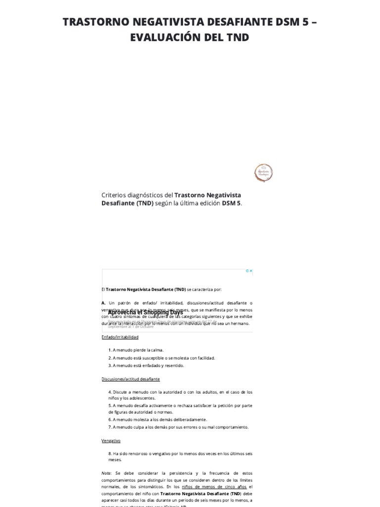 Trastorno Negativista Desafiante DSM 5 Evaluación Del TND PDF Trastorno mental