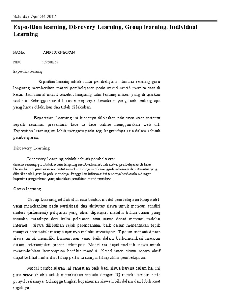Pembelajaran: Exposition, Discovery, dan Individual | PDF | Karier ...