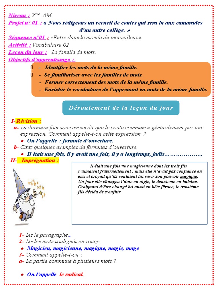 Mots De La Meme Famille Que Conte 2am Vocabulaire 2 | PDF