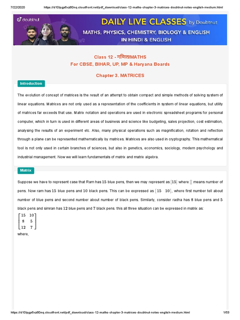 Class 12 Maths Chapter 3 Matrices Doubtnut Notes English Medium | PDF ...