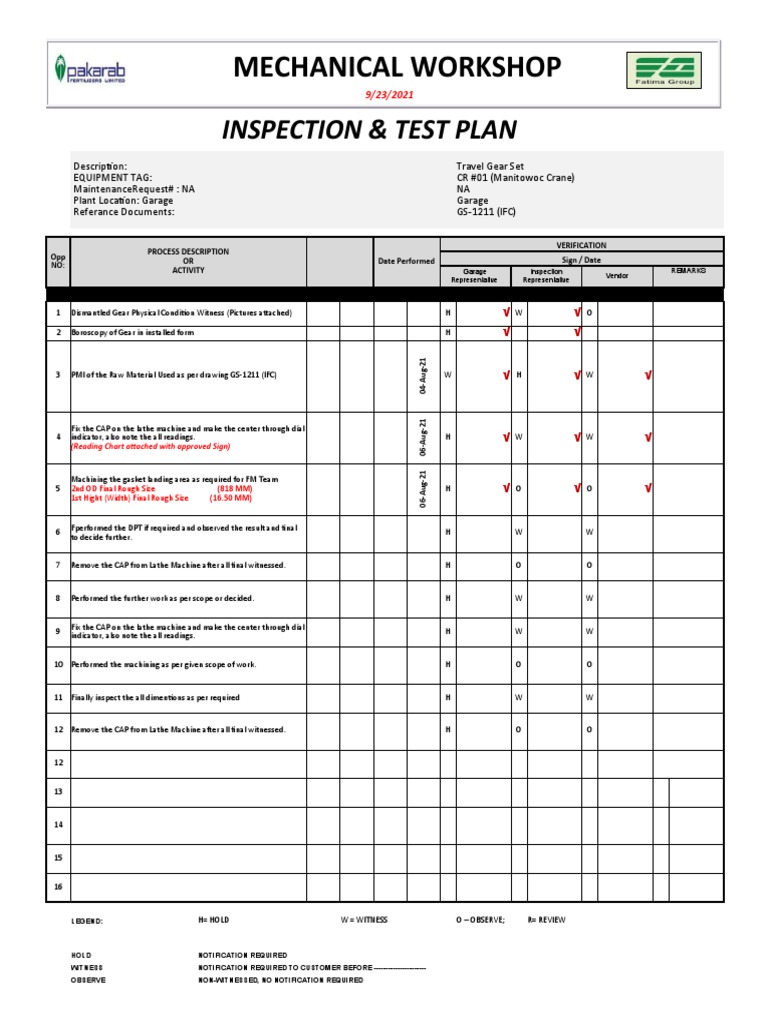 Mechanical Workshop: Inspection & Test Plan | PDF | Mechanical ...