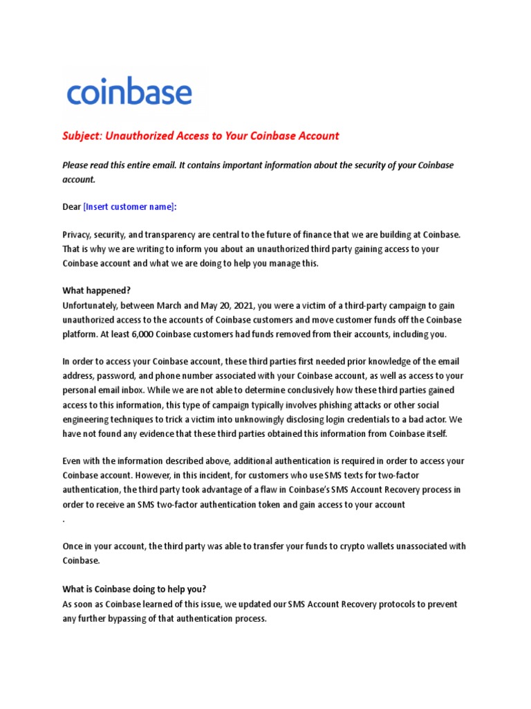Subject: Unauthorized Access To Your Coinbase Account | PDF | Security |  Computer Security