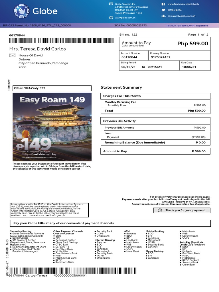 Globe SIM-Only Plan Statement 2021 | PDF | Value Added Tax | Payments