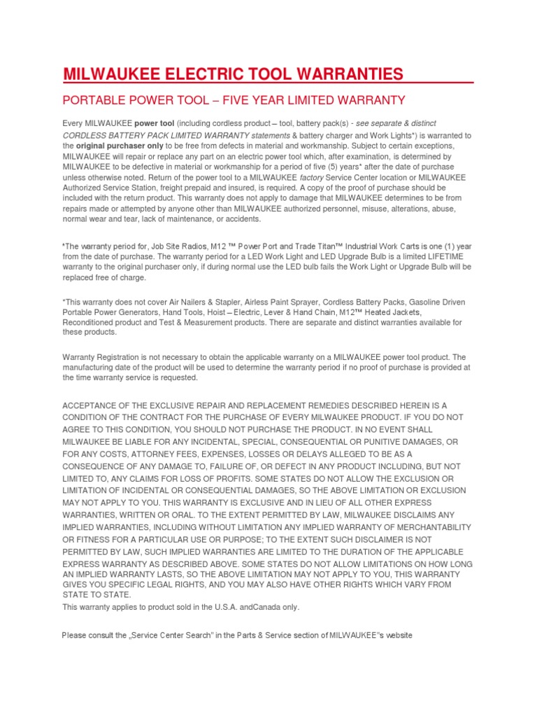 Milwaukee Electric Tool Warranties Portable Power Tool Five Year Limited Warranty PDF