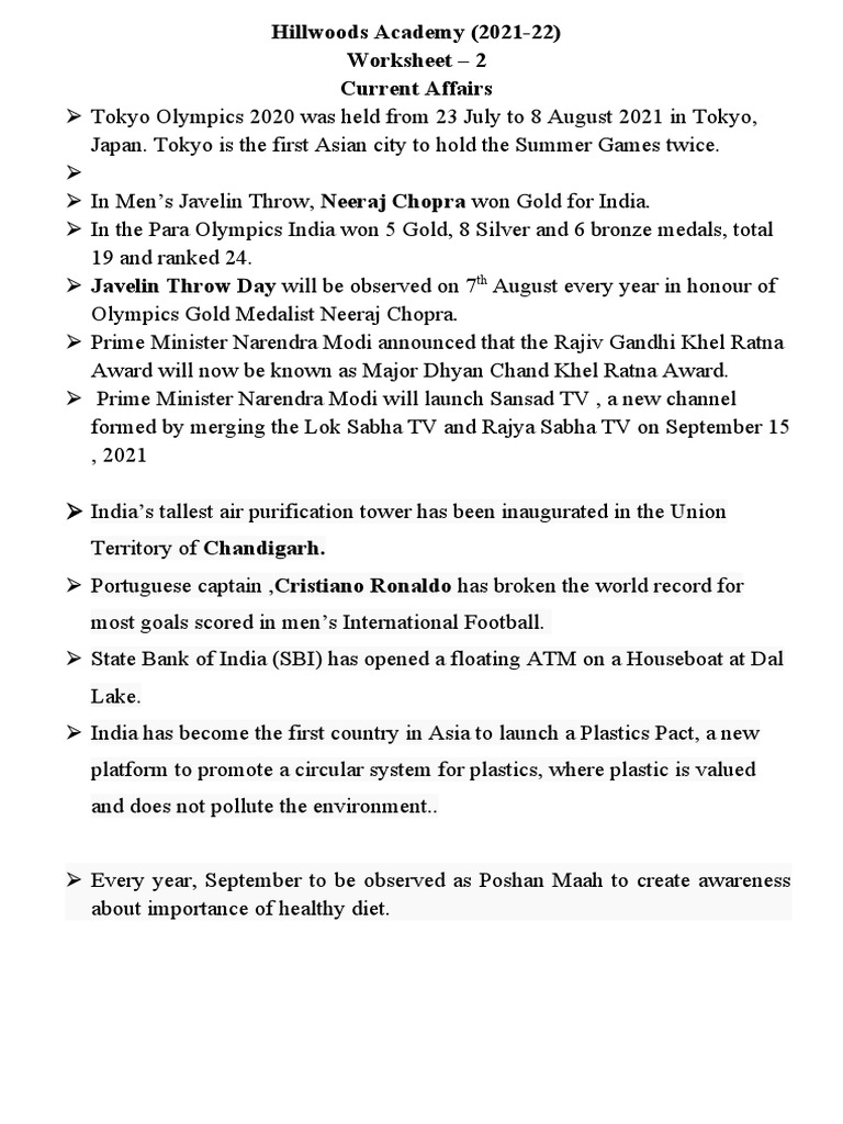Worksheet 2 Current Affairs PDF