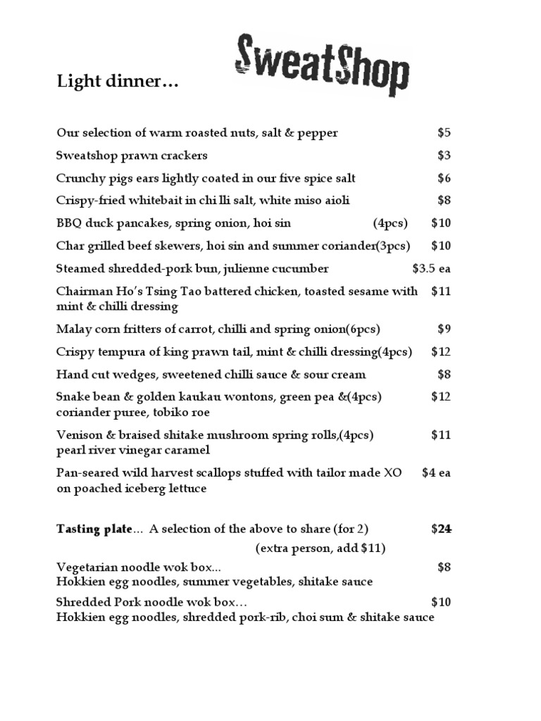 Sweatshop Bar Dinner Menu Highlights | PDF