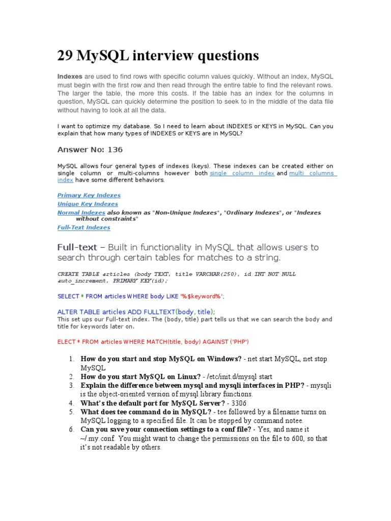 29 MySQL Interview Questions | PDF | Database Index | My Sql