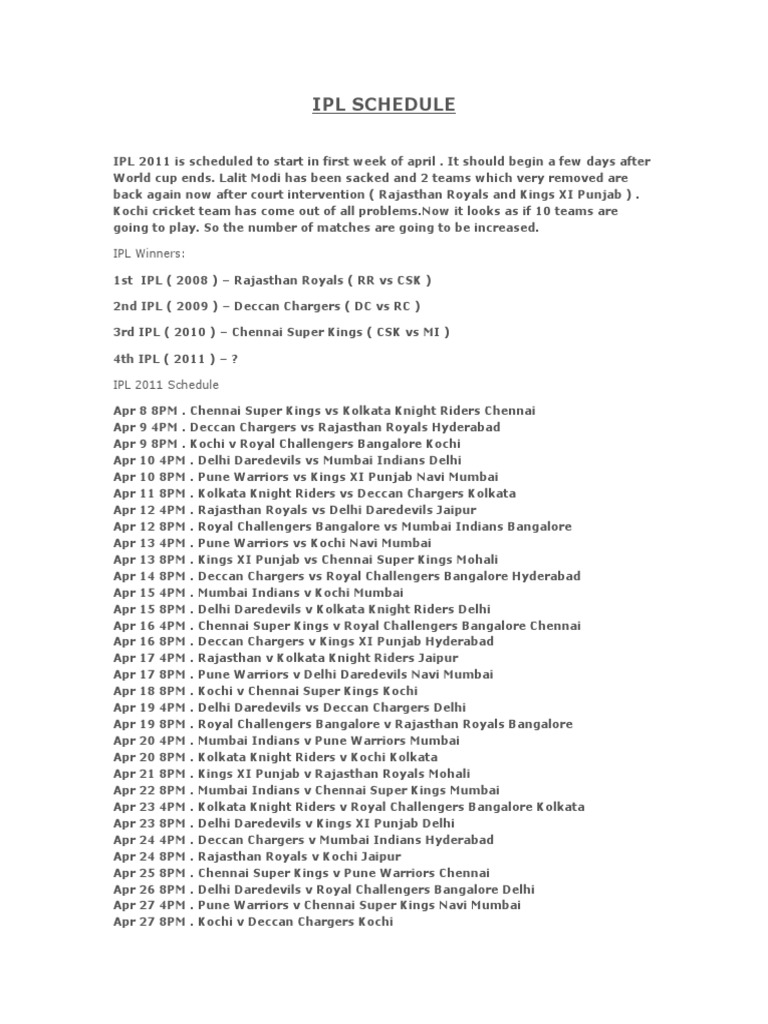 IPL 2008 Match Schedule and Fixtures | PDF | Cricket Competitions | Cricket