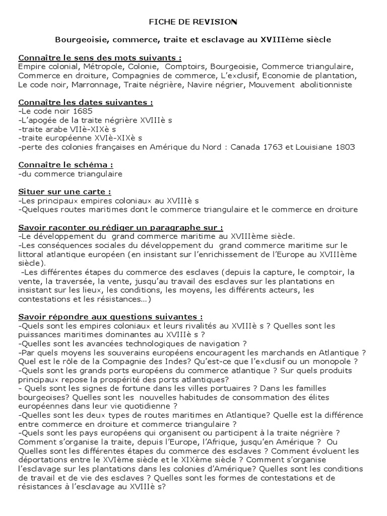 4e Fiche de Revision Bourgeoisie Commerce PDF Histoire de l'esclavage Esclavage