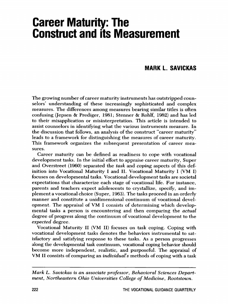 Career Maturity The Construct and Its Measurement Mark L. Savickas