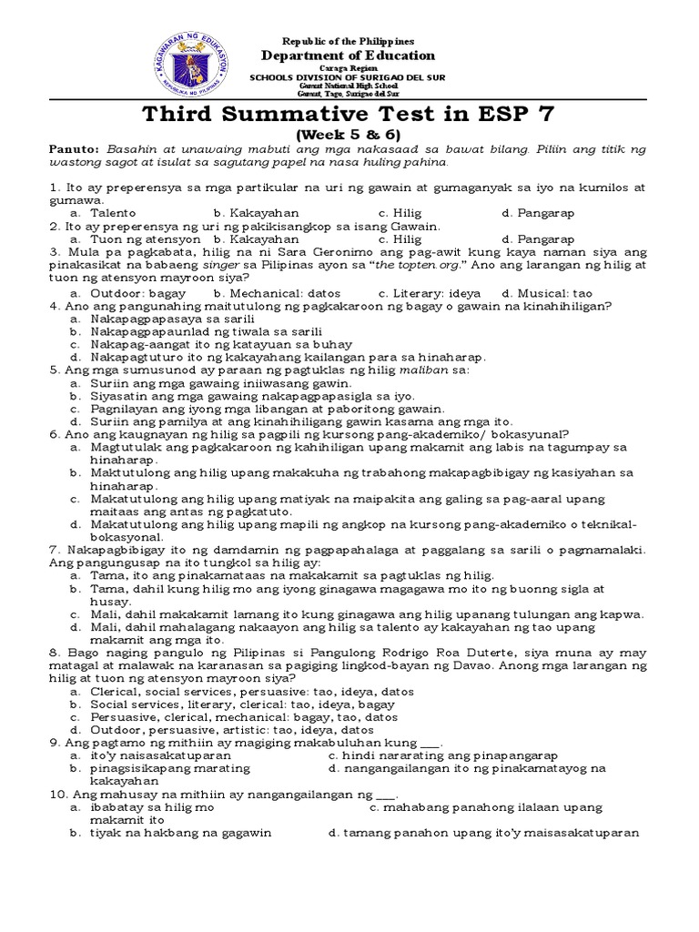 Third Summative Test in ESP 7 | PDF