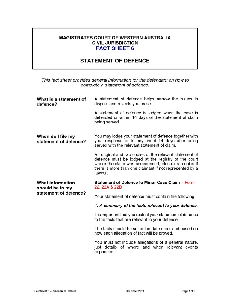 Statement of Defence: Fact Sheet 6 | PDF | Default Judgment ...