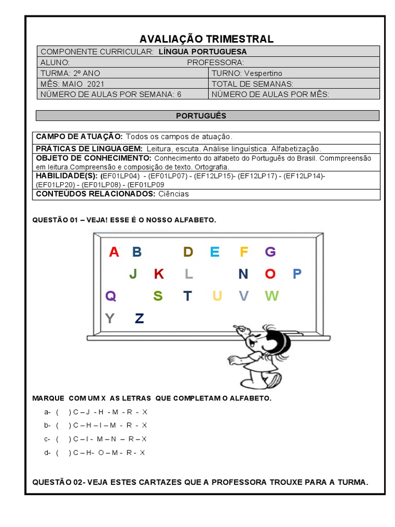 Avaliação Trimestral-Português 2 Ano | PDF | Linguística | Comunicação ...