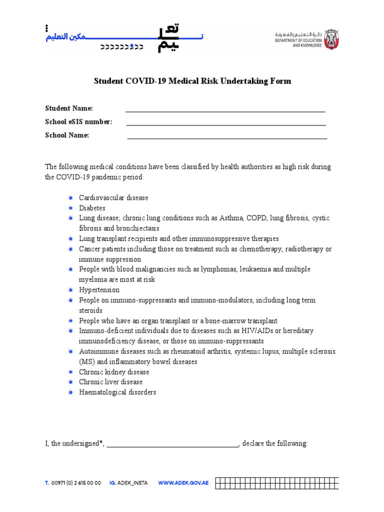 Student COVID-19 Medical Risk Form | PDF | Chronic Condition ...