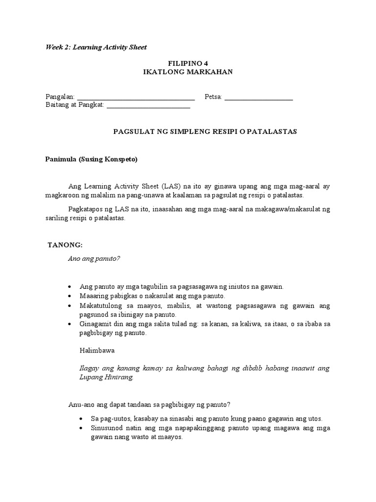 Filipino 4 LAS Q3 Pagsulat NG Simpleng Resipi o Patalastas PDF