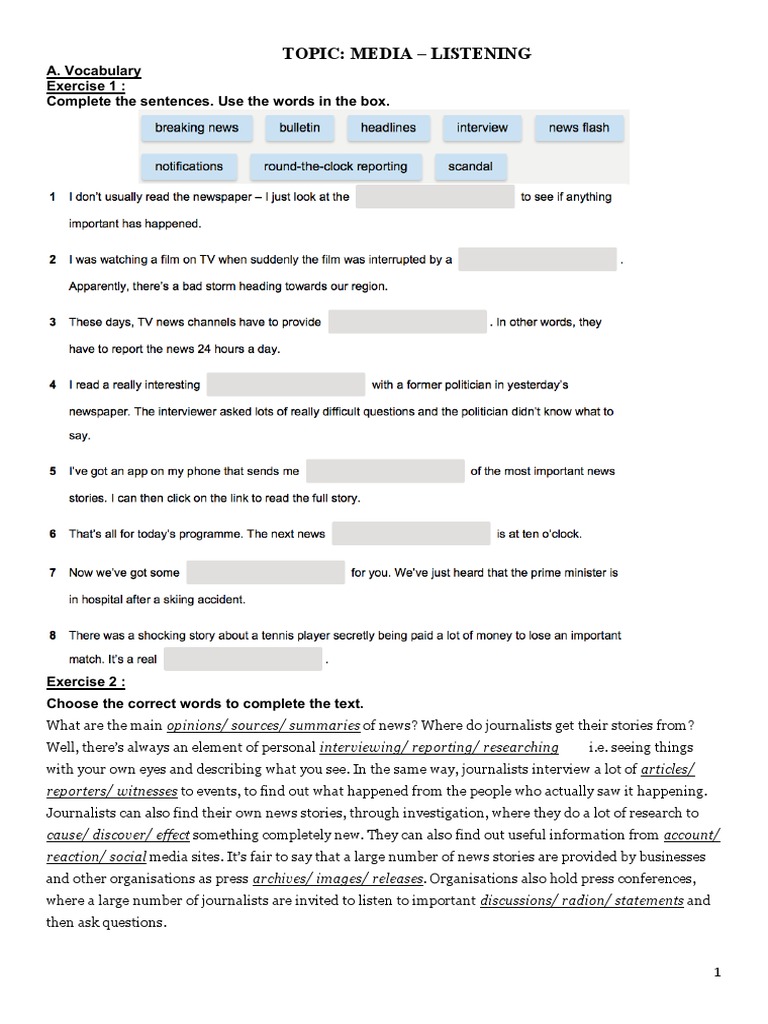Topic: Media - Listening: A. Vocabulary Exercise 1: Complete The ...