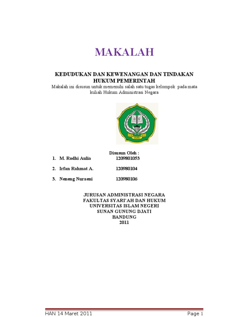 Kedudukan Dan Kewenangan Dan Tindakan Hukum Pemerintah M Rodhi Aulia Uin Bandung