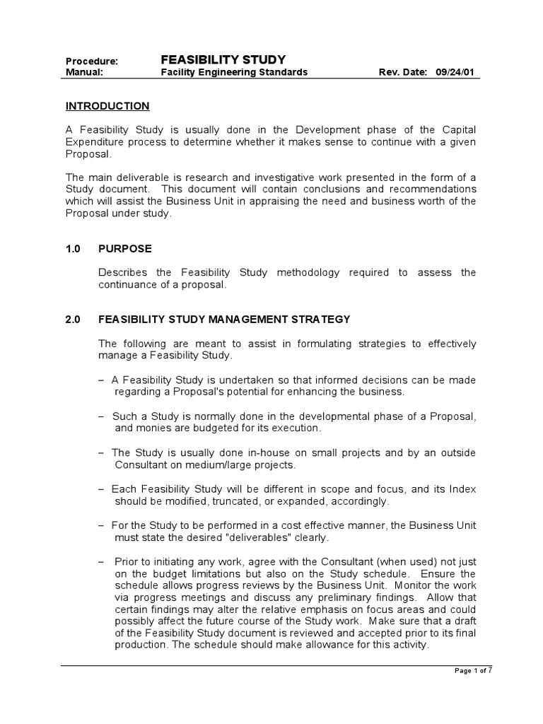 Feasibility Study: Procedure: Manual: Facility Engineering Standards ...