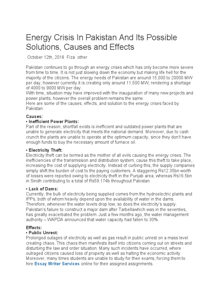 Energy Crisis in Pakistan and Its Possible Solutions | PDF | Renewable ...