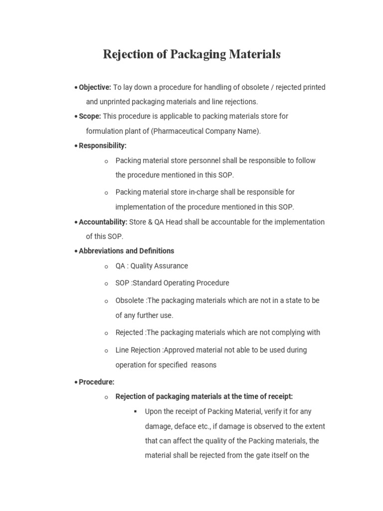 SOP of Rejection of Packaging Material PDF Packaging And Labeling