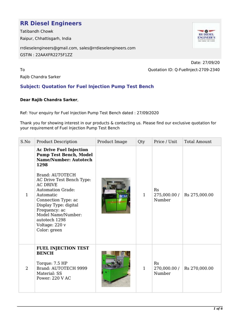 Quotation for Diesel Test Bench | PDF | Fuel Injection | Machines