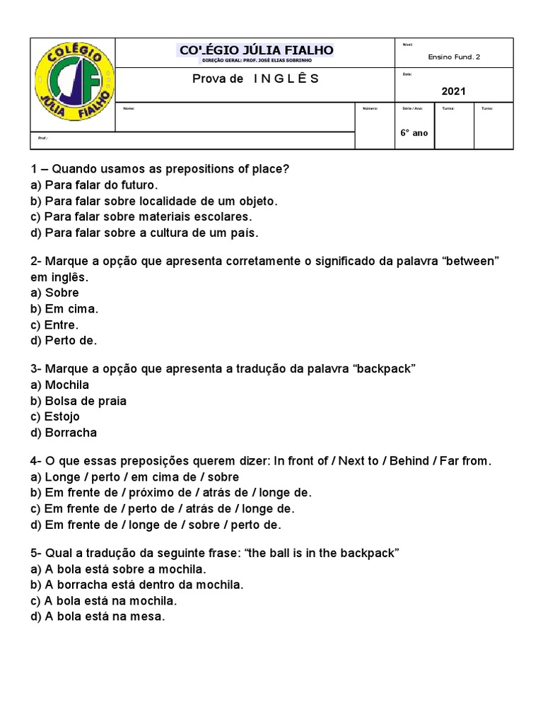 Prova de Ingles 6 Ano | PDF