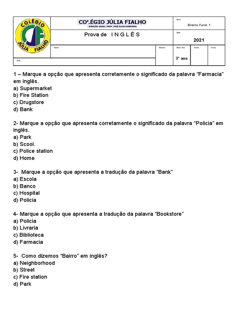 Prova de Ingles 3 Ano | PDF