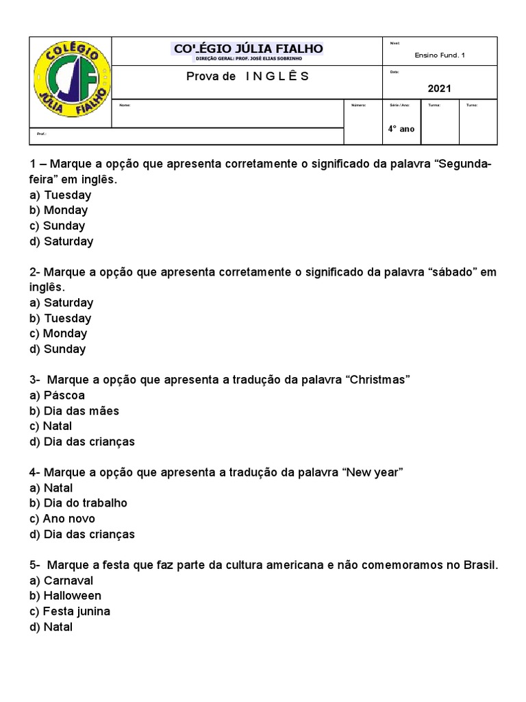Prova de Ingles 4 Ano | PDF