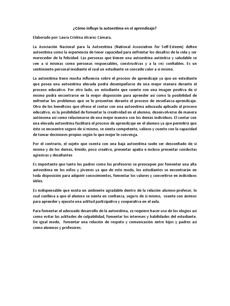 Influencia de la Autoestima en el Aprendizaje | PDF | Autoestima ...