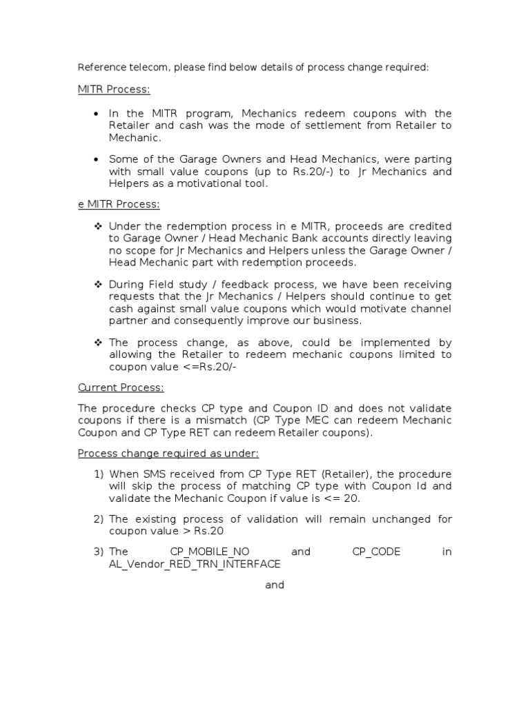 MITR Process Change for Small Value Coupons | PDF