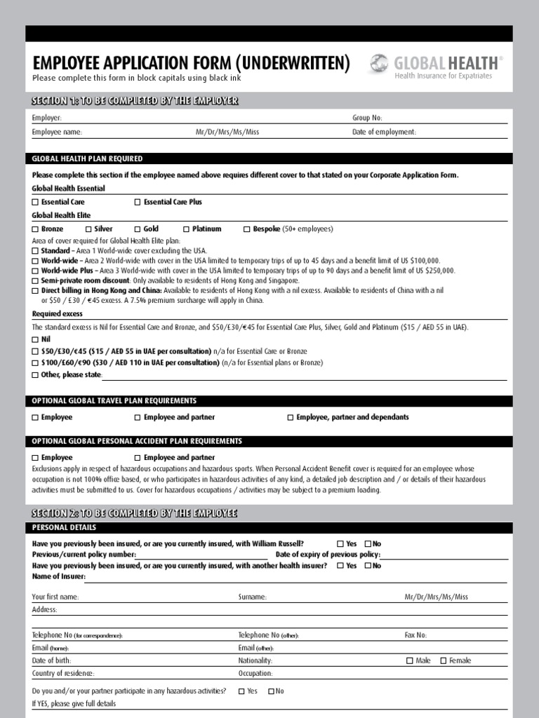 Global Health Employee Application Form (Underwritten) | PDF ...