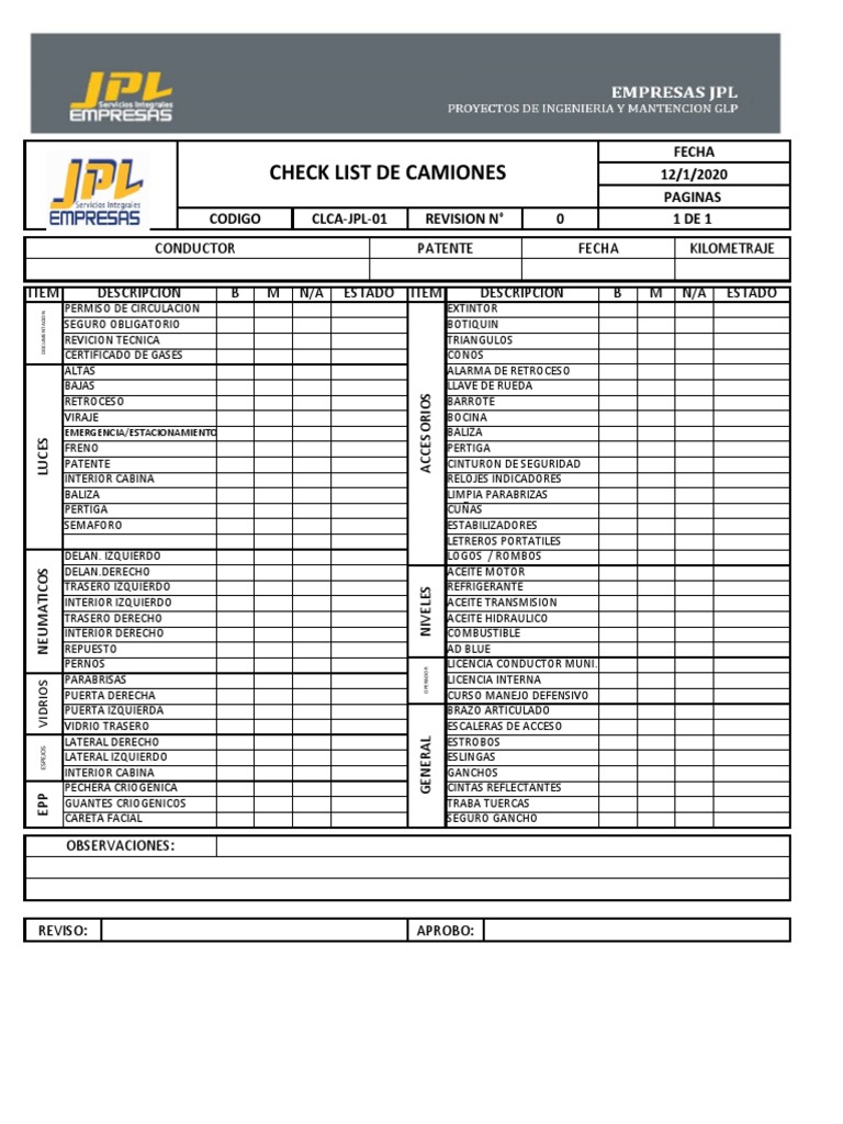 Check List Camiones Clca-Jpl-01 | PDF | Bienes manufacturados | Estilos ...