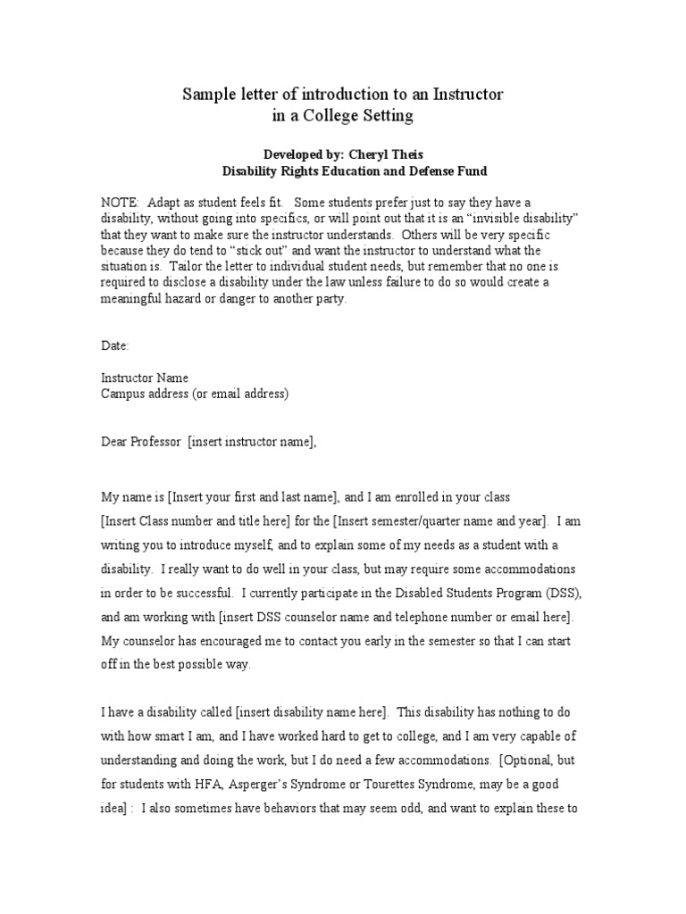 Sample Letter of Introduction To An Instructor in A College Setting ...