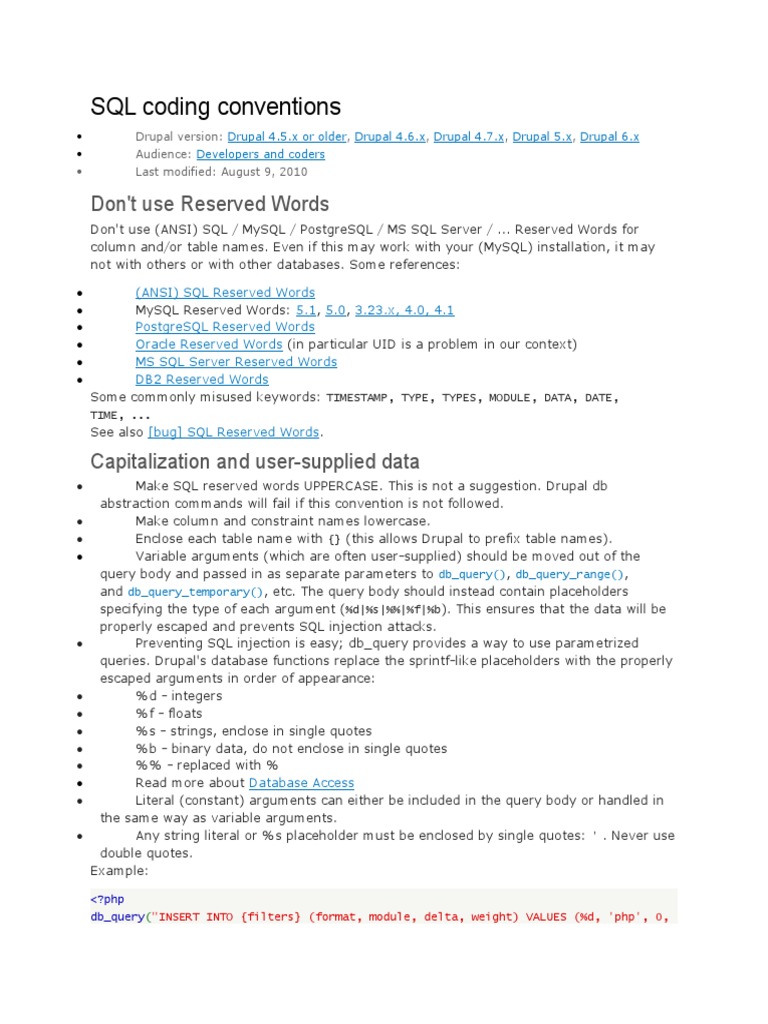 SQL Coding Conventions: Don't Use Reserved Words | Download Free PDF ...