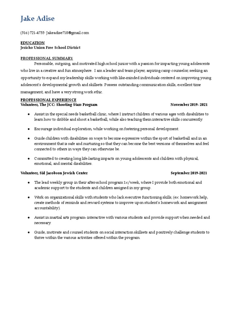 Jake Adise Jericho Union Free School District Professional Summary