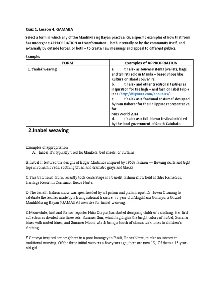 2.inabel Weaving Quiz 1. Lesson 4. GAMABA PDF Weaving Textiles