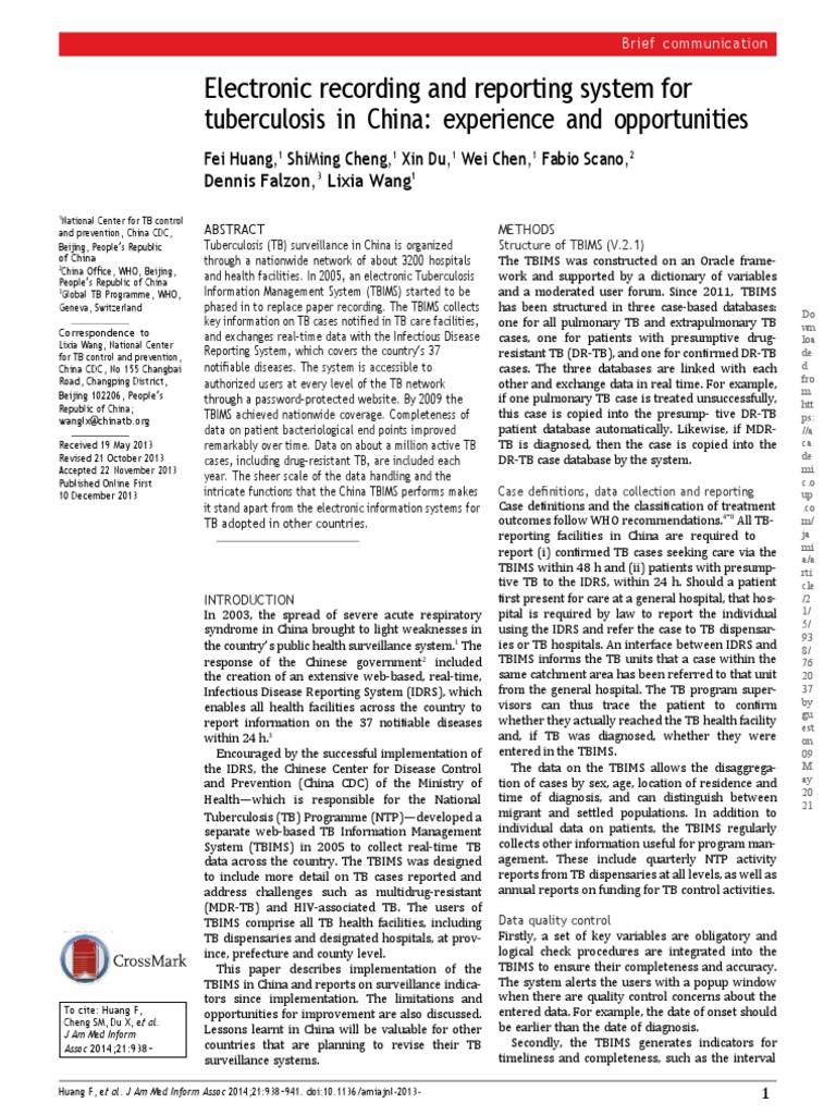 Electronic Recording and Reporting System For Tuberculosis in China