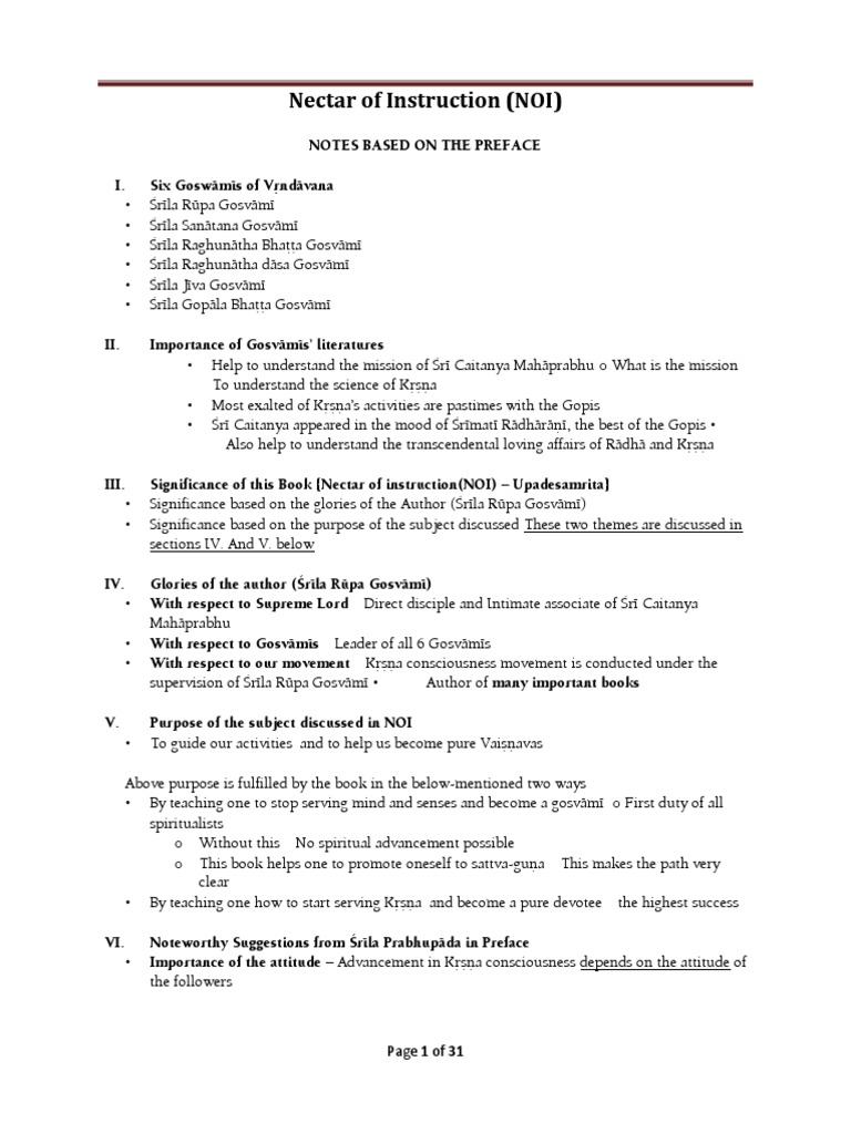 NOI (Nectar of Instructions) Notes Iskcon | PDF | Bhakti | Dharma