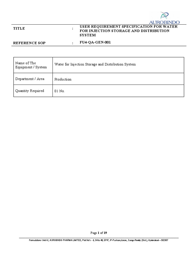 URS For Water For Injection Storage and Distribution System | PDF ...