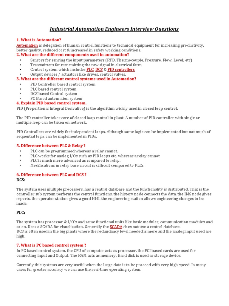 Industrial Automation Engineers Interview Questions | PDF ...