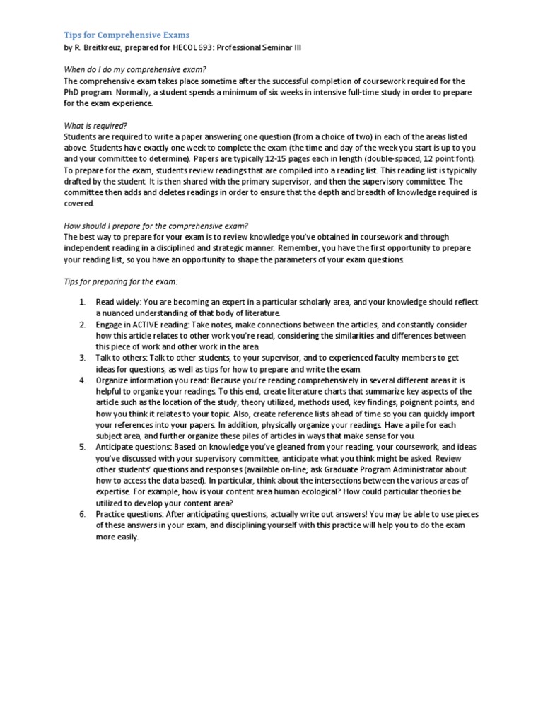 Tips For Comprehensive Exams PDF Test (Assessment) Question