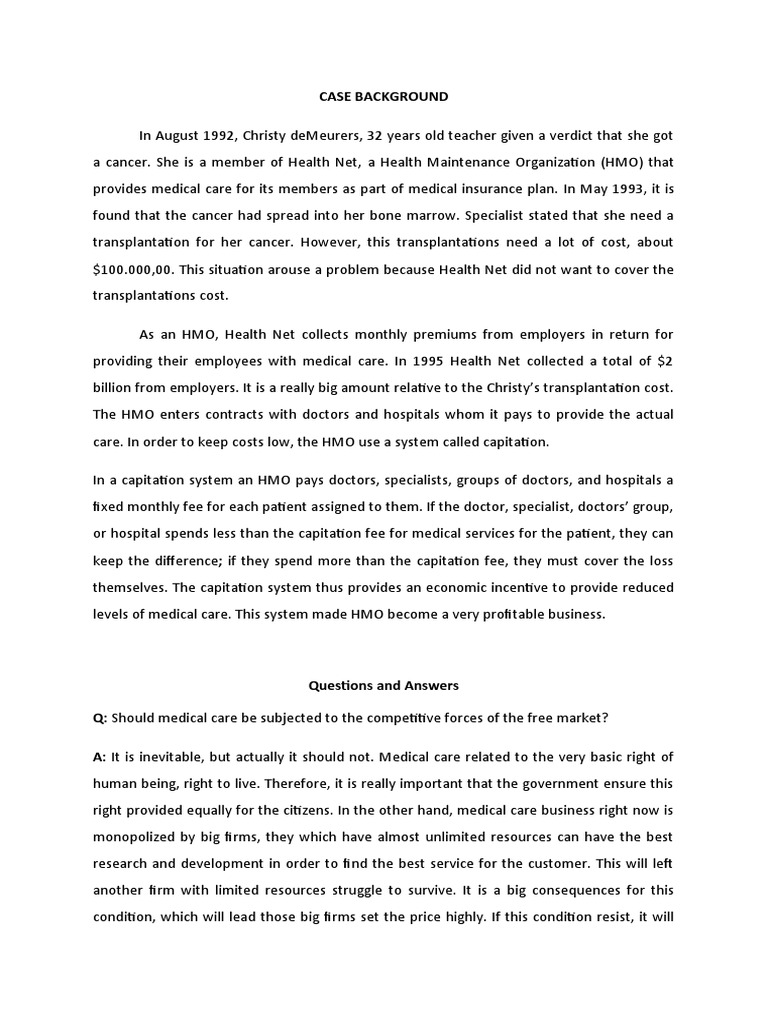 Case Background PDF Health Maintenance Organization Economies